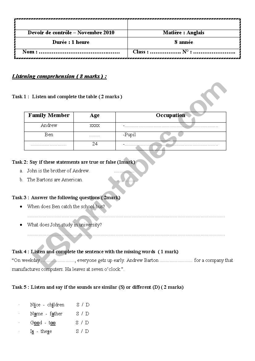 devoir de controle 8 eme  worksheet