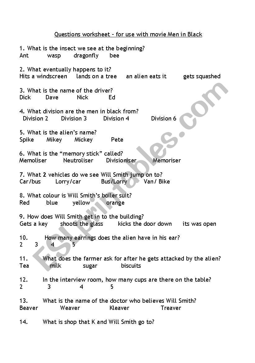 Questions worksheets - Men in Black