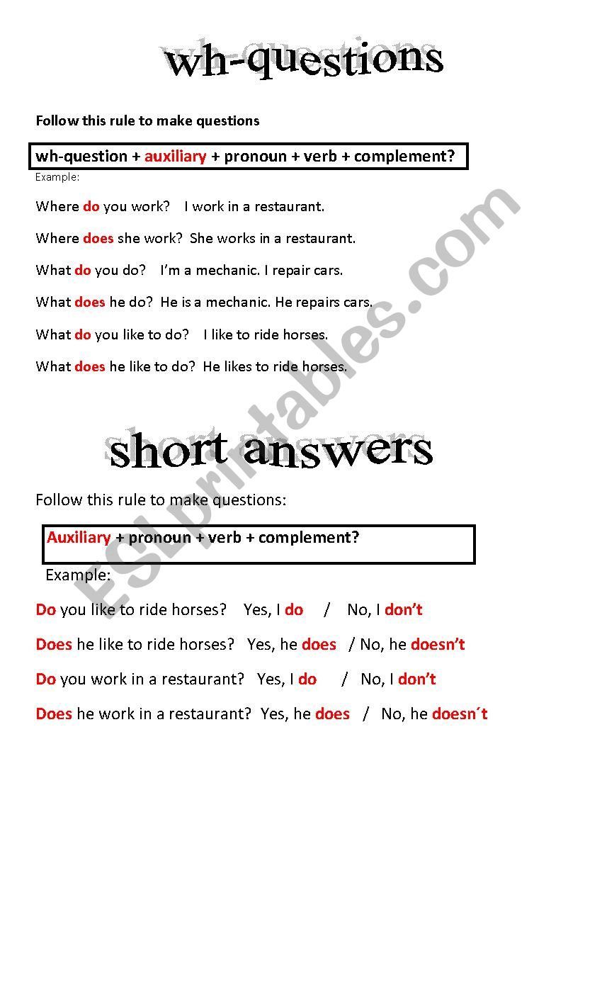 questions worksheet