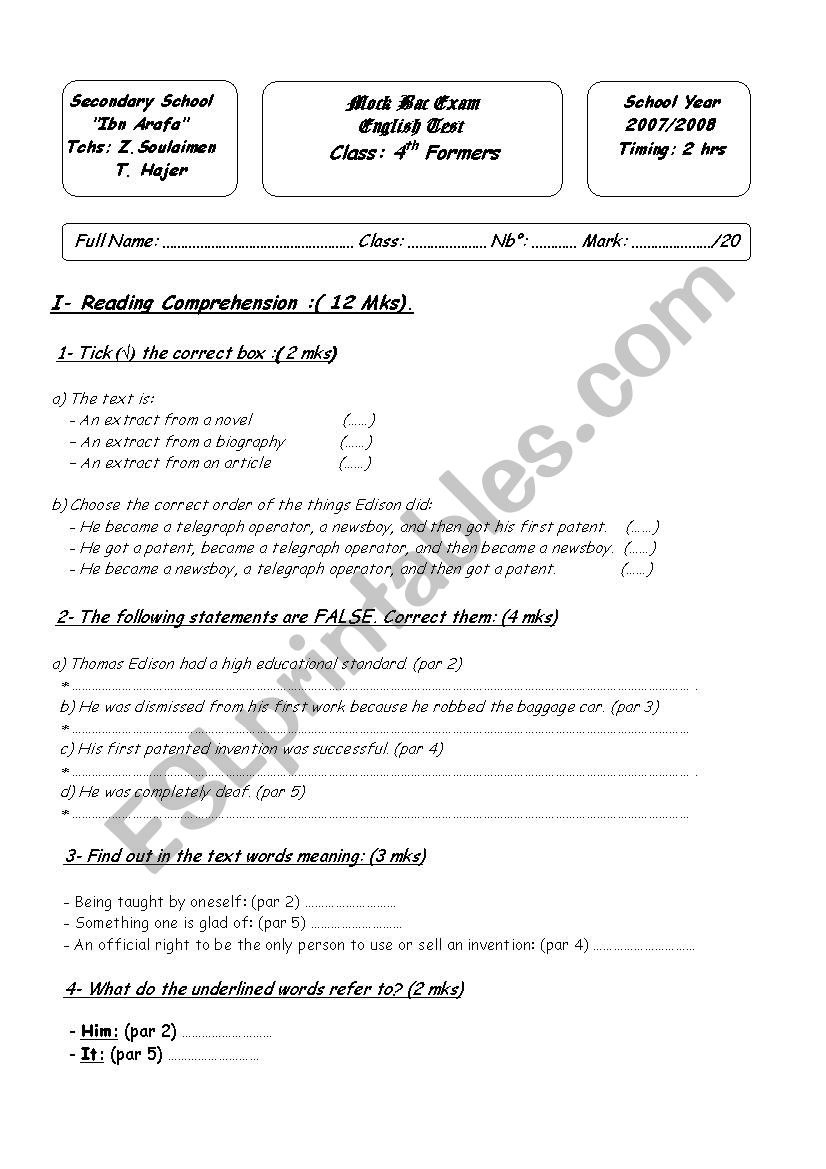 Bac mock exam for Tunisian bac students