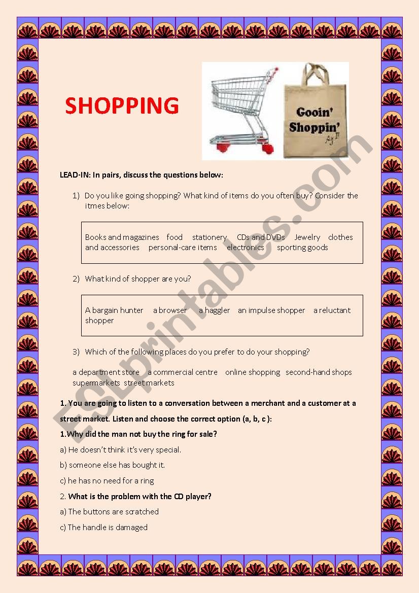 Lesson plan: SHOPPING worksheet