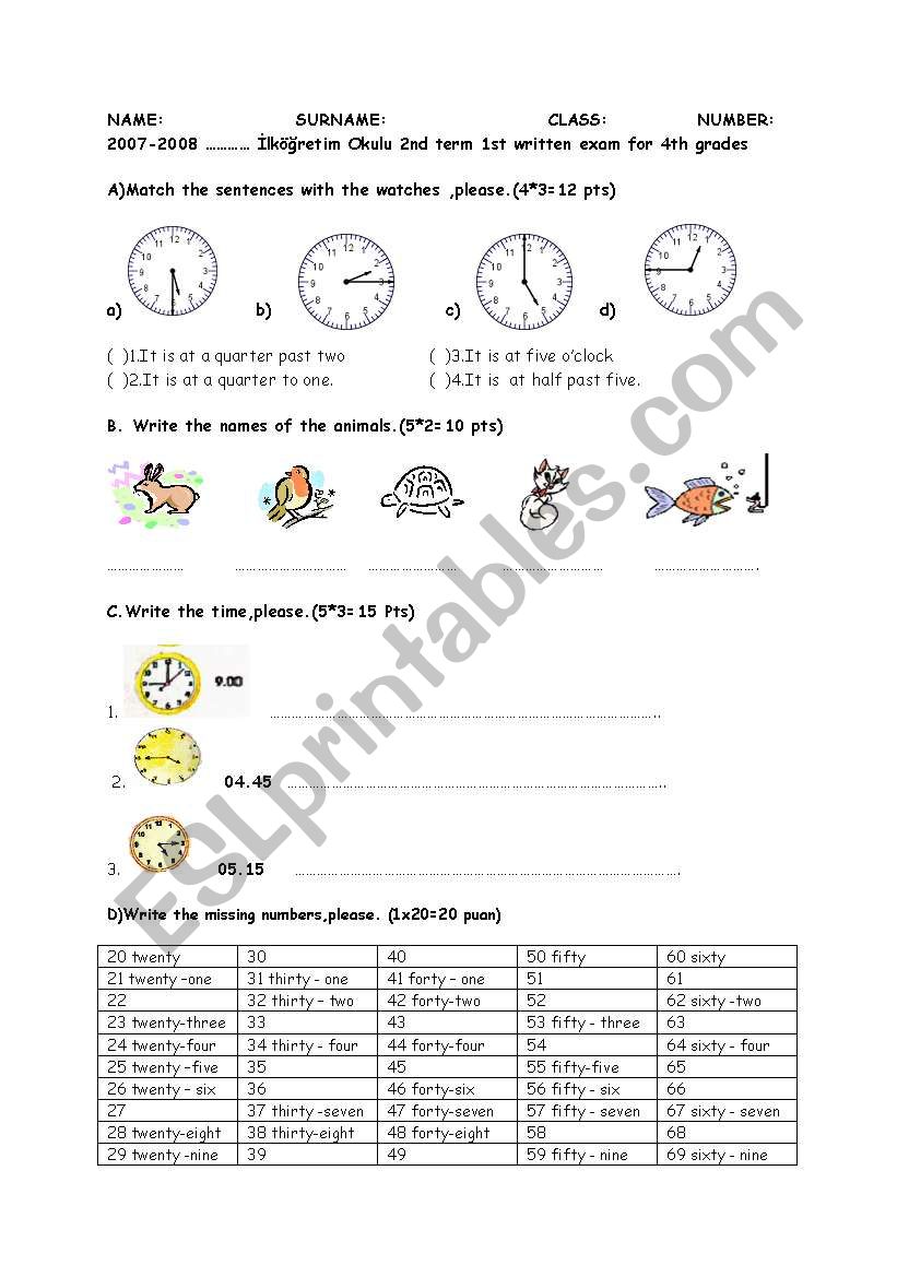 Exam worksheet