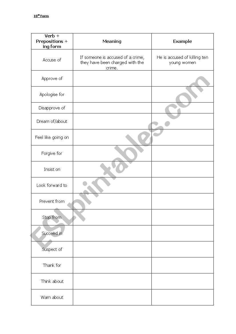English Worksheets Verb Prepositions Ing Form