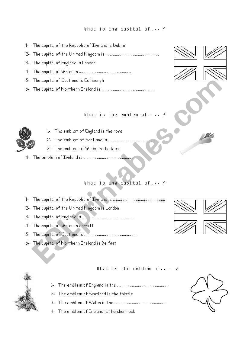 UK emblems and capitals worksheet