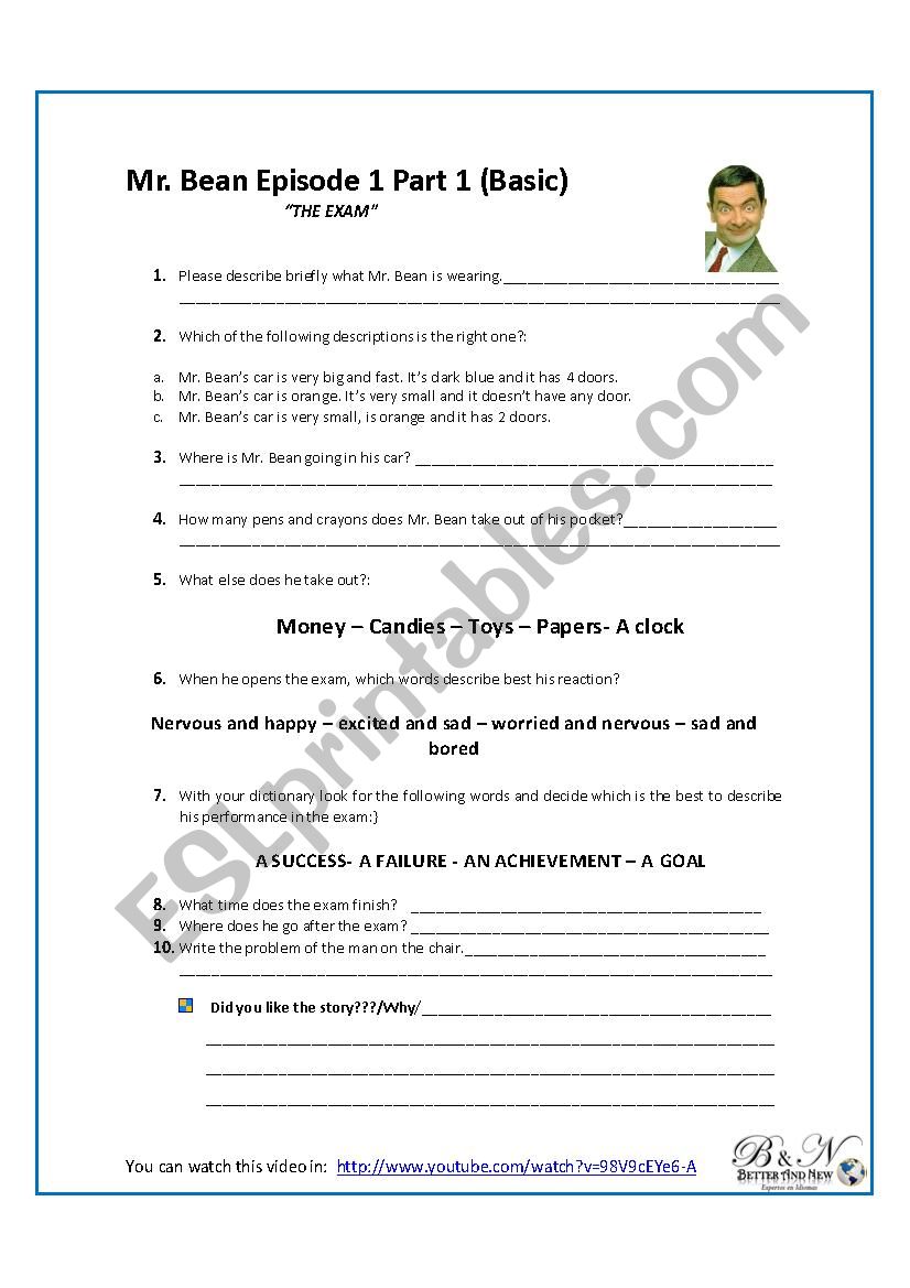 Mr Bean Video  worksheet