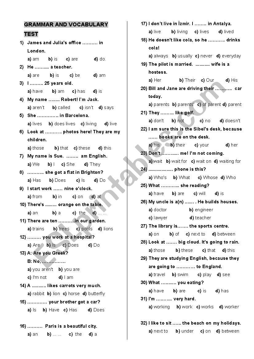 Elementary Level Test - 60 Questions - Multiple Choice