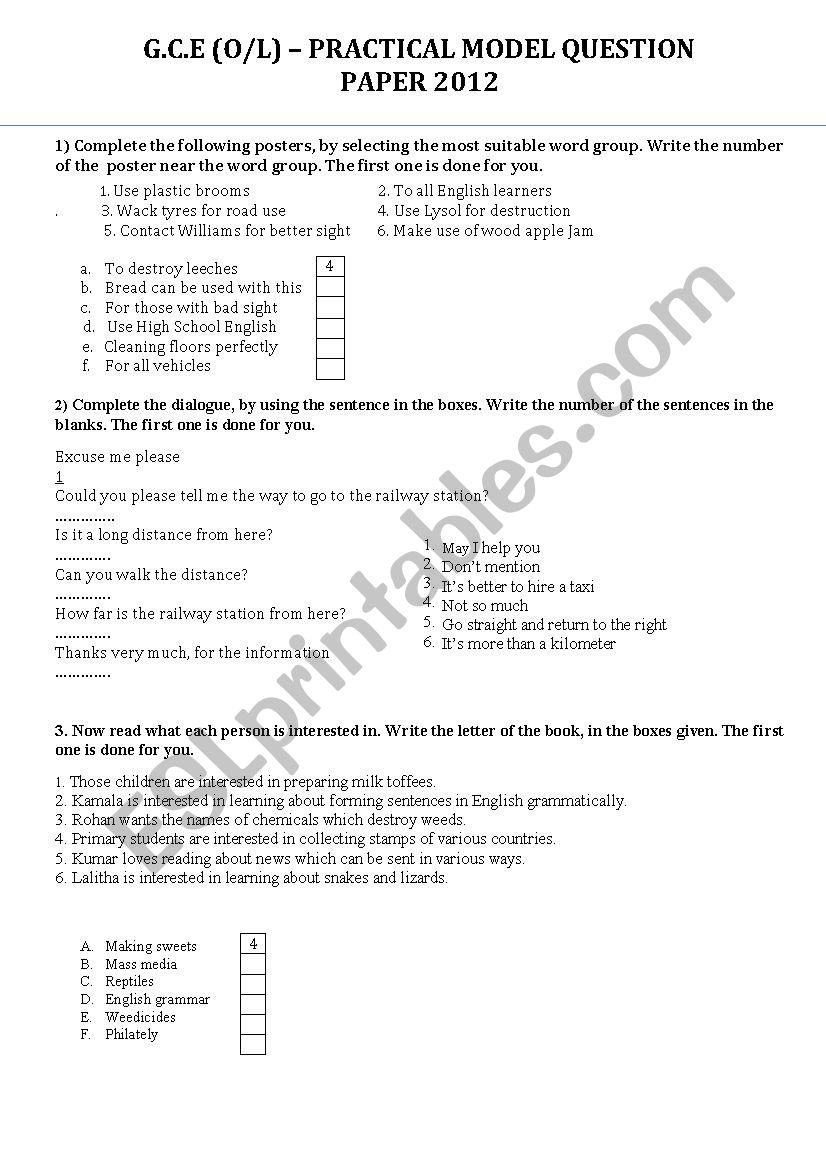 Model questions  worksheet