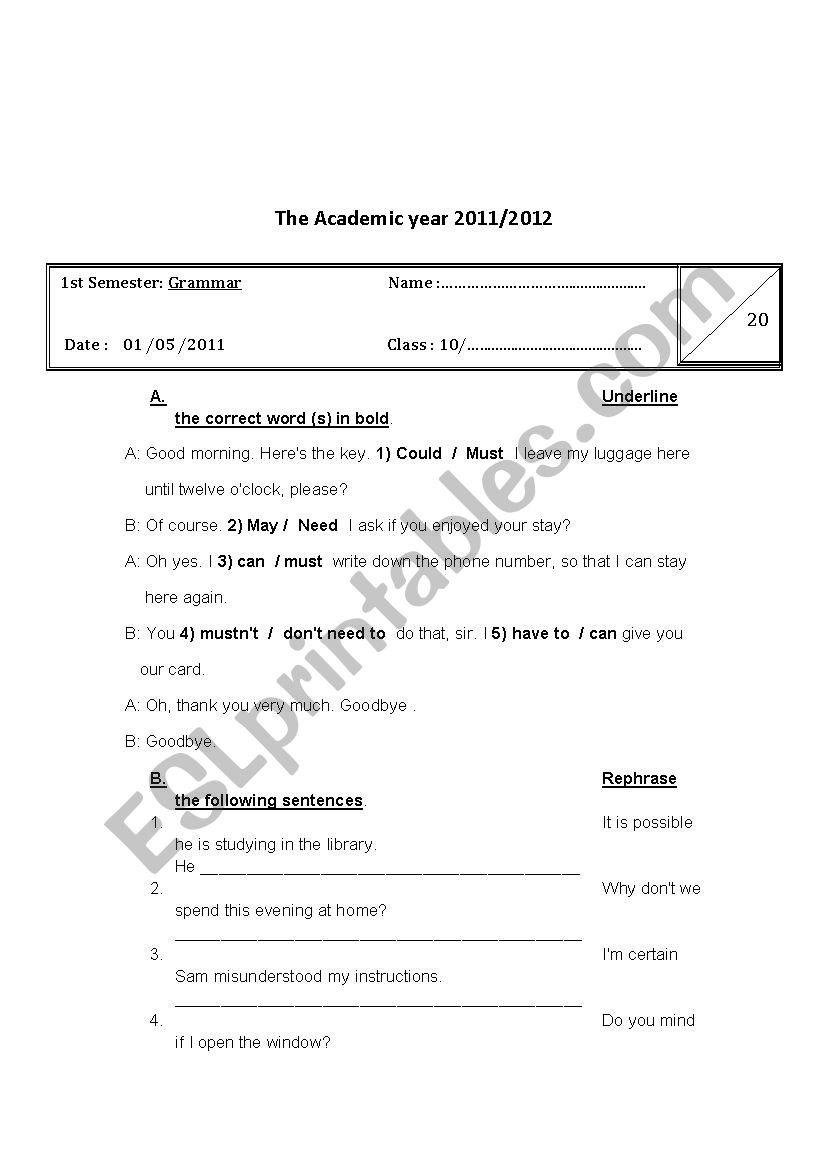 Grammar test worksheet