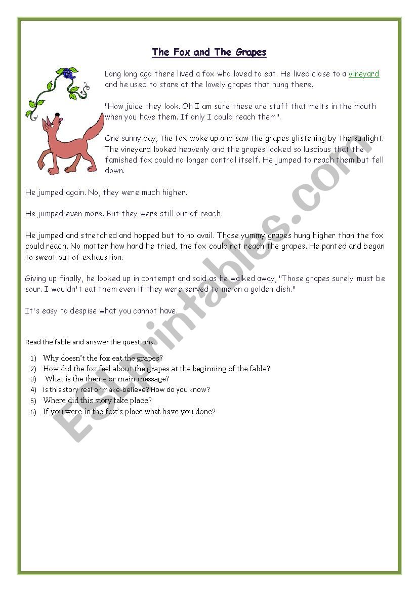 fable - the fox an the grapes worksheet