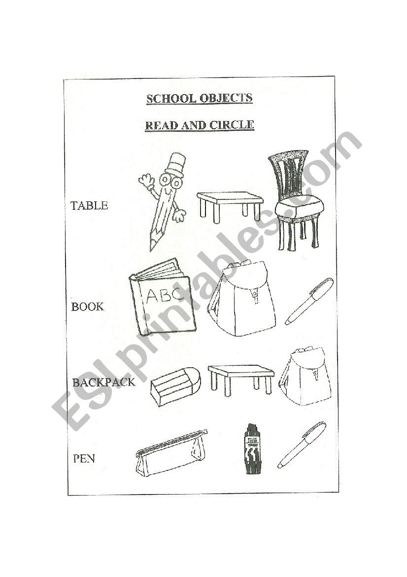 School objects. Read and circle