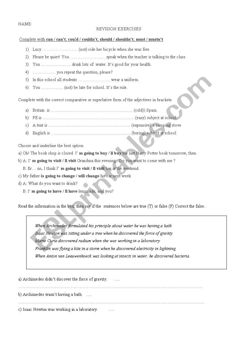 Revision of different topics worksheet
