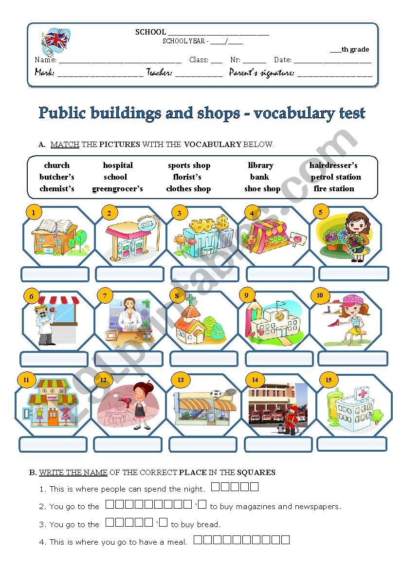 public buildings and shops worksheet