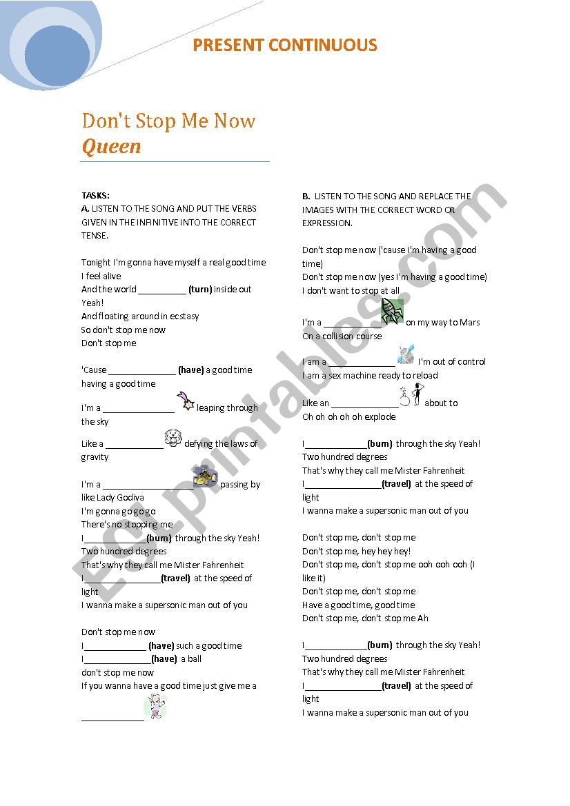 song worksheet present continuous