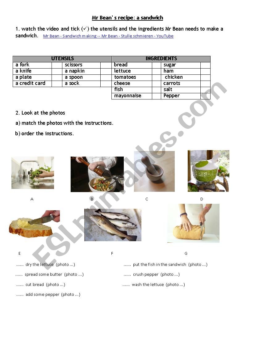 Mr Bean s sandwich  worksheet