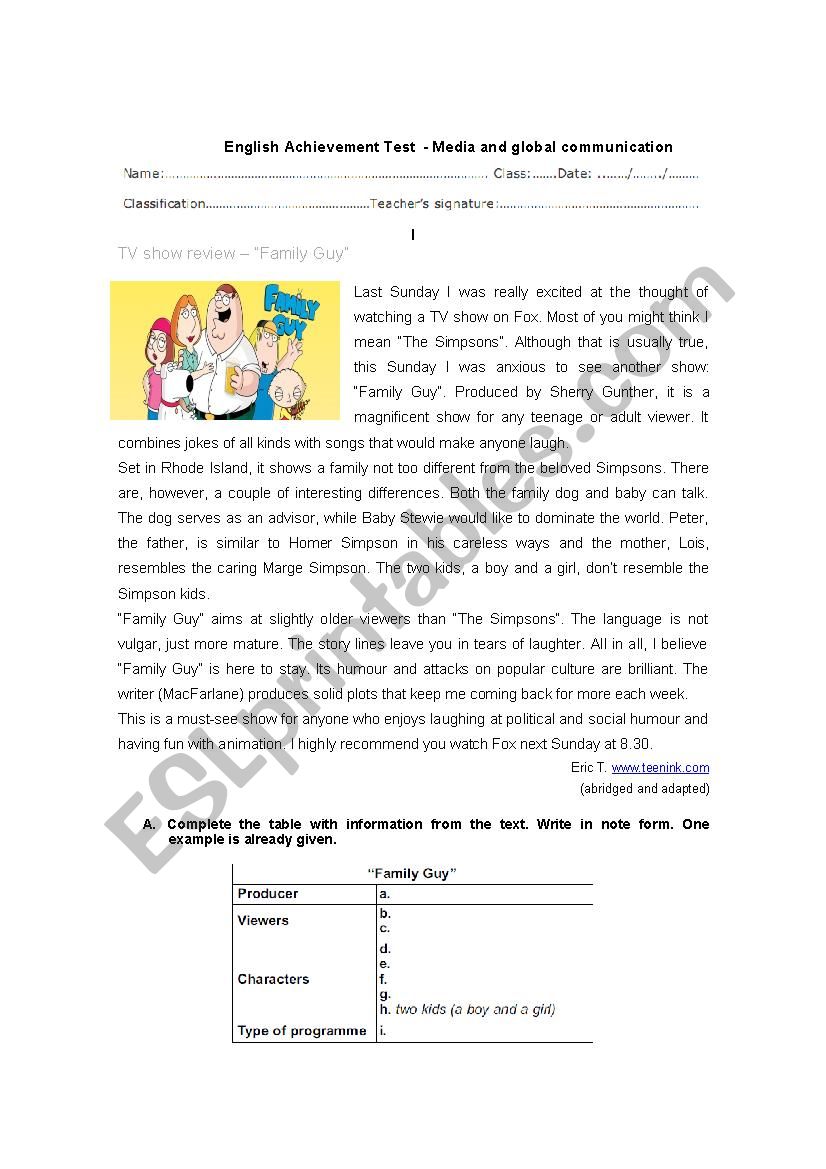 Media and global communication - ESL worksheet by susanajp