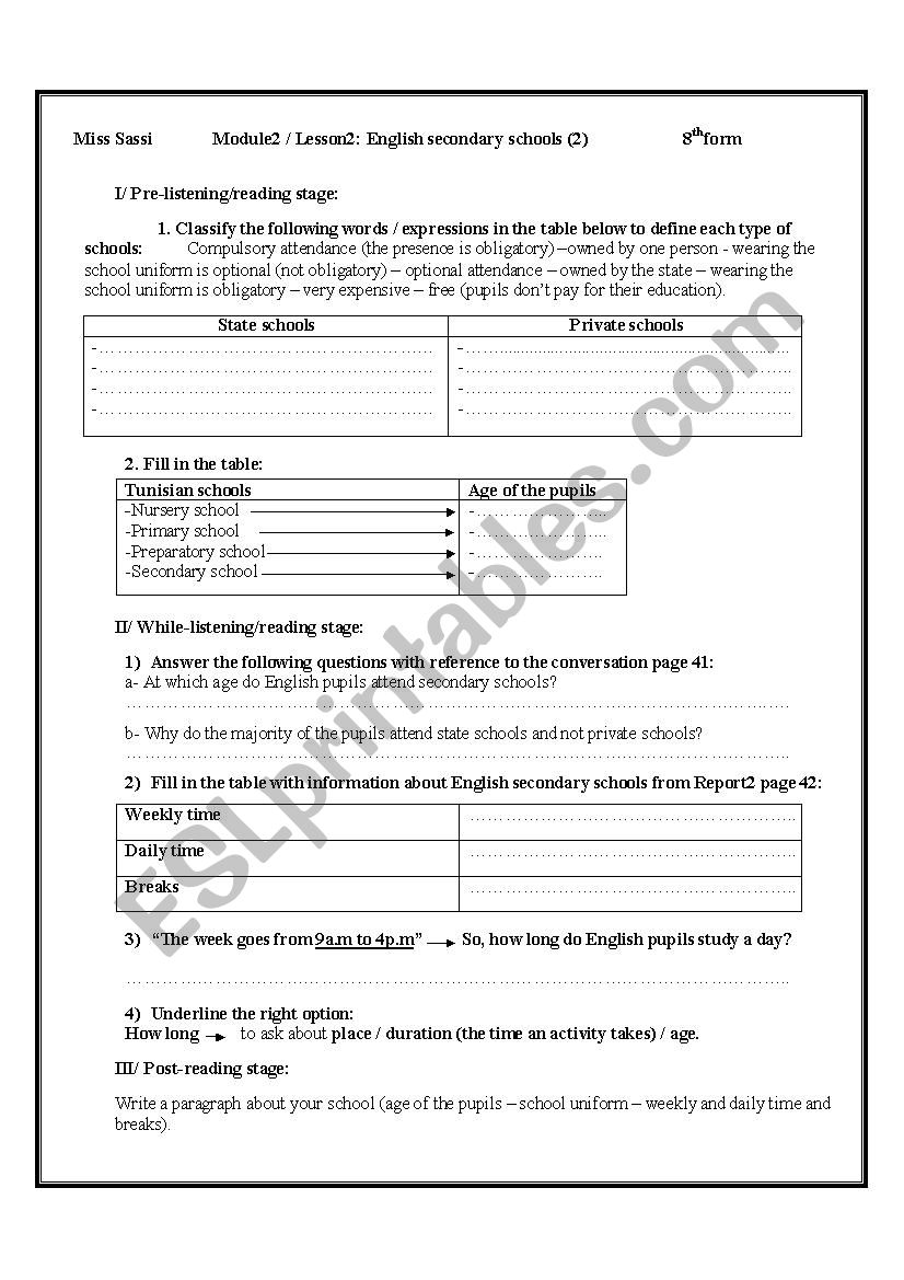 English Secondary School (2) worksheet