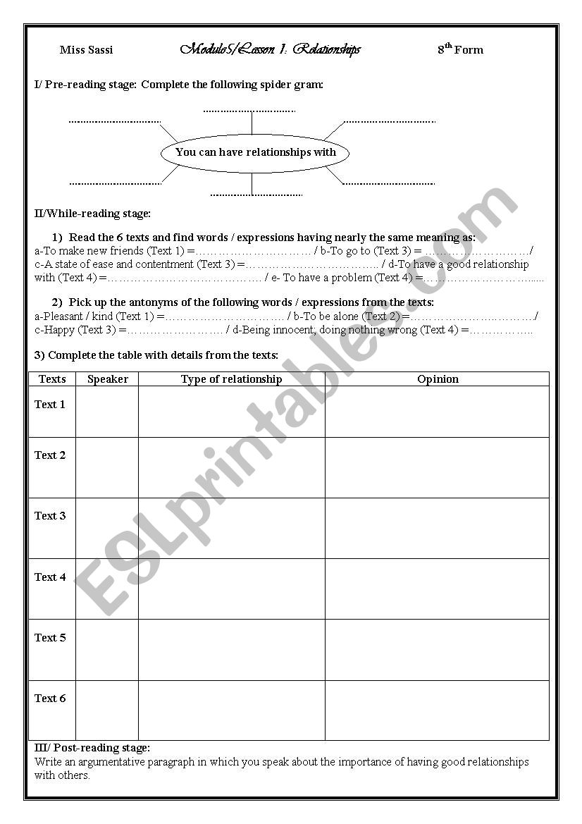 Relationships 8th form worksheet