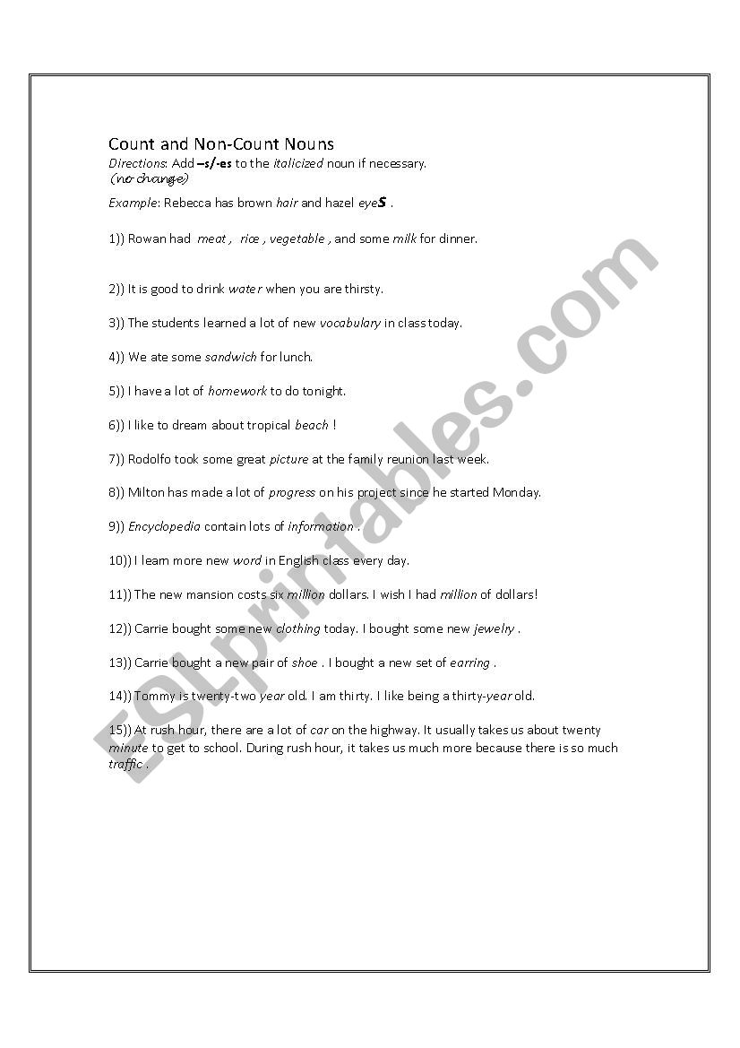 Count and non-Count nouns  worksheet