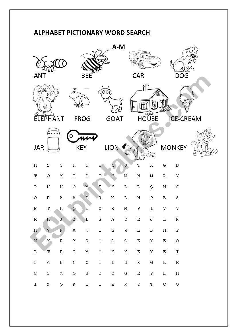 ALPHABET PICITONARY WORD SEARCH A-M