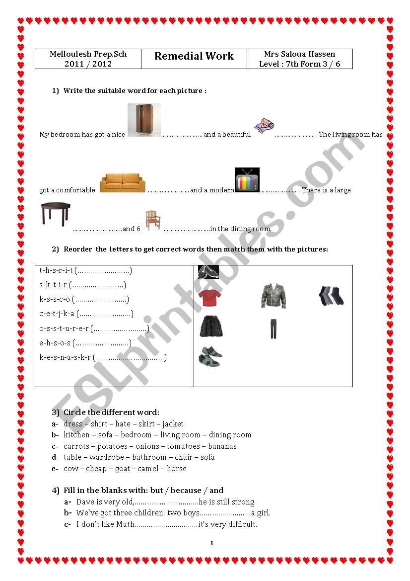 Remedial work worksheet