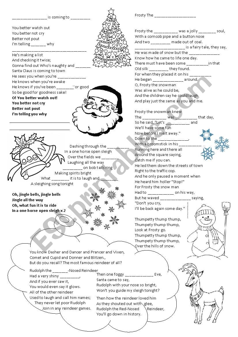 Christmas songs - gap filling worksheet