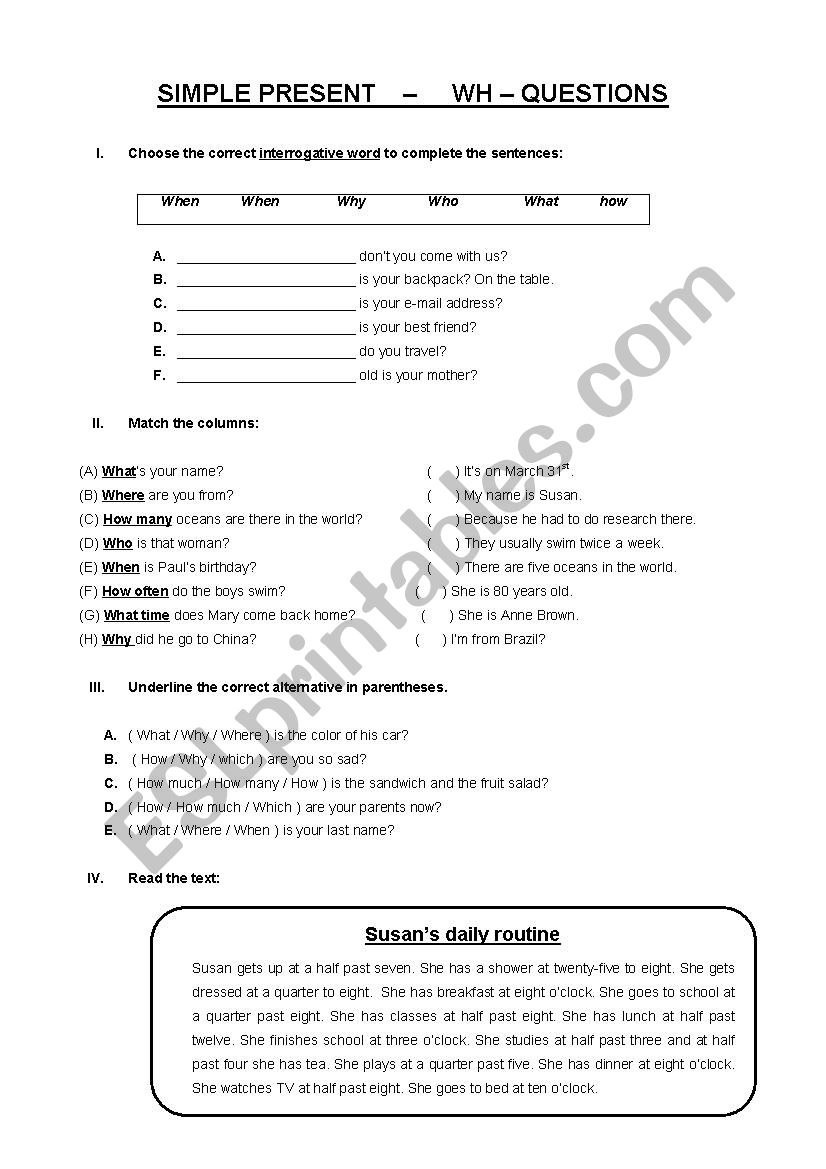 SIMPLE PRESENT - WH QUESTIONS worksheet