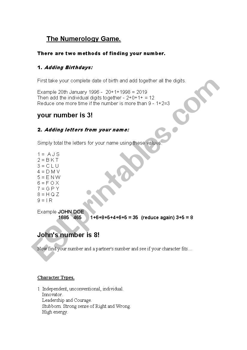 The Numerology Game worksheet