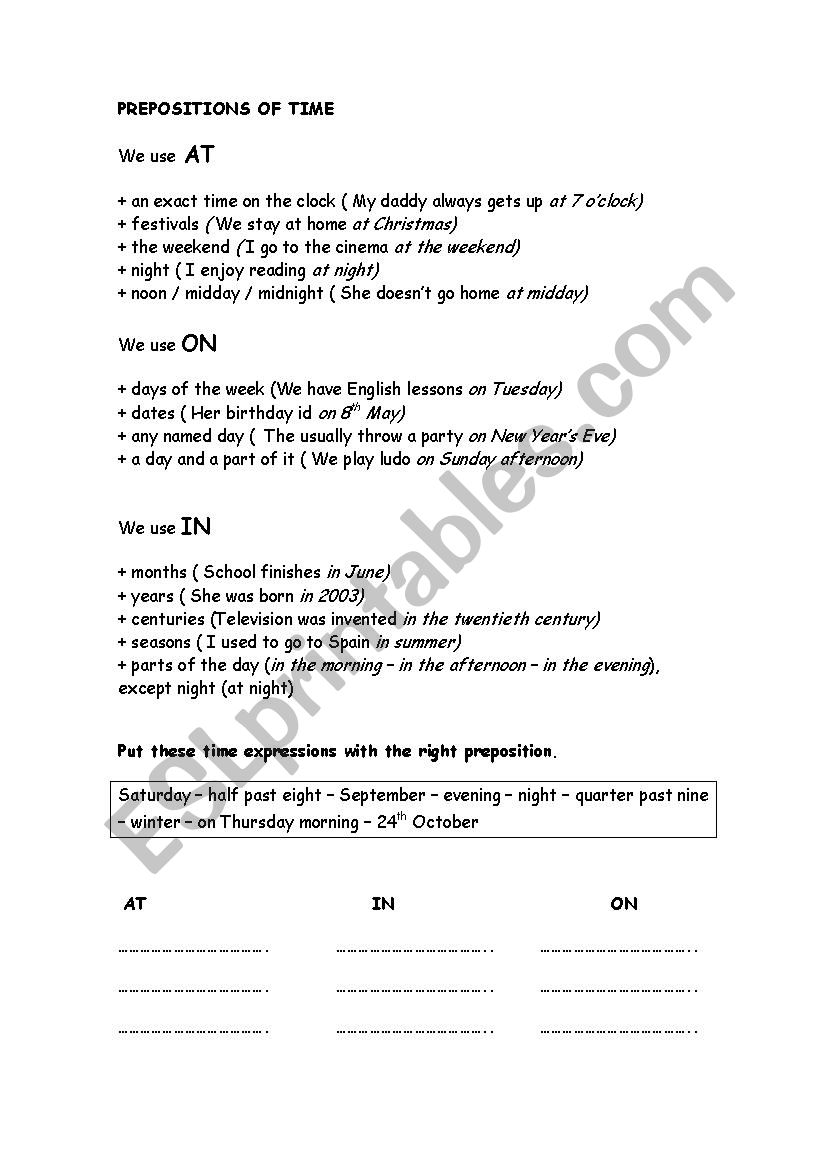 Prepositions of time worksheet