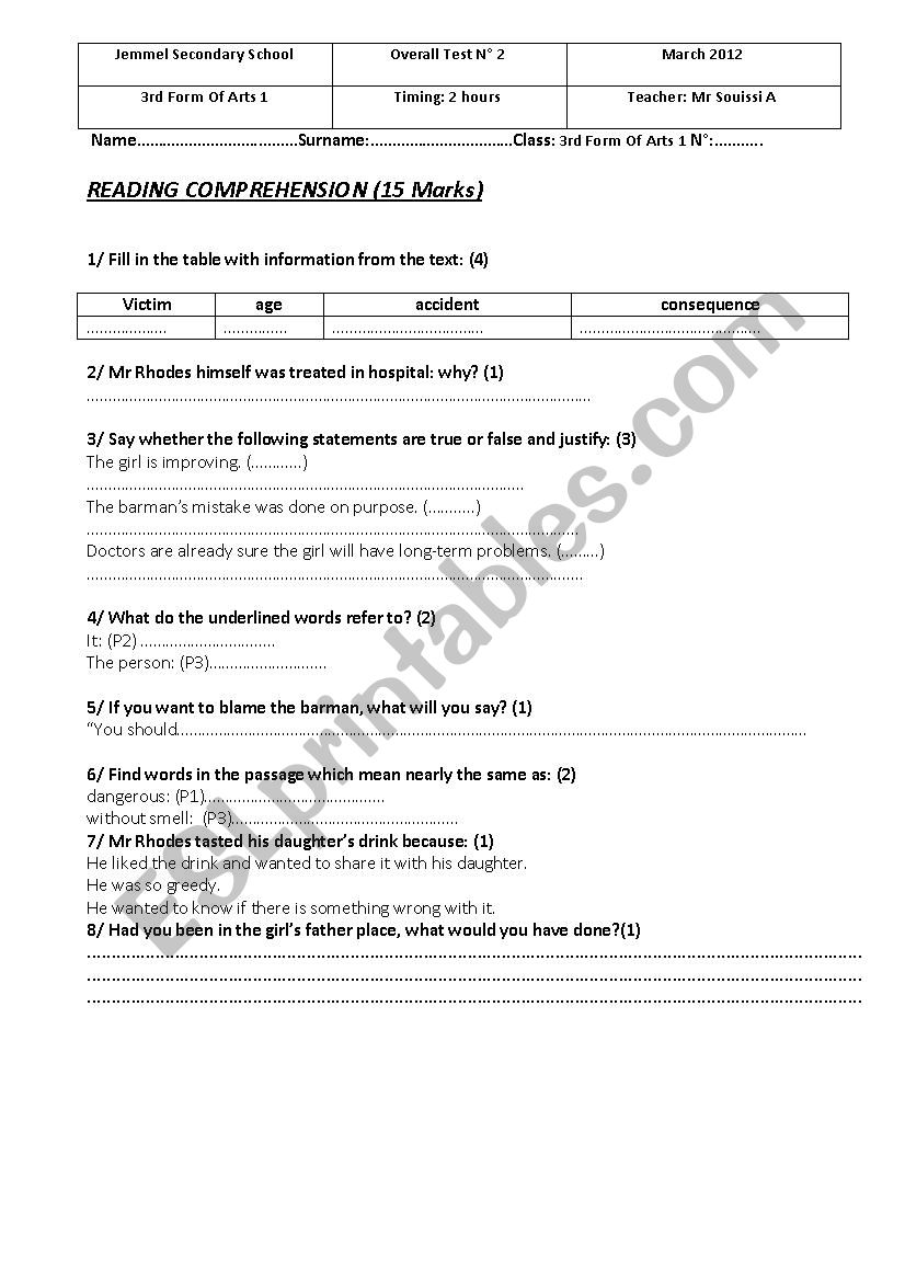 overall test No 2 3rd Arts worksheet