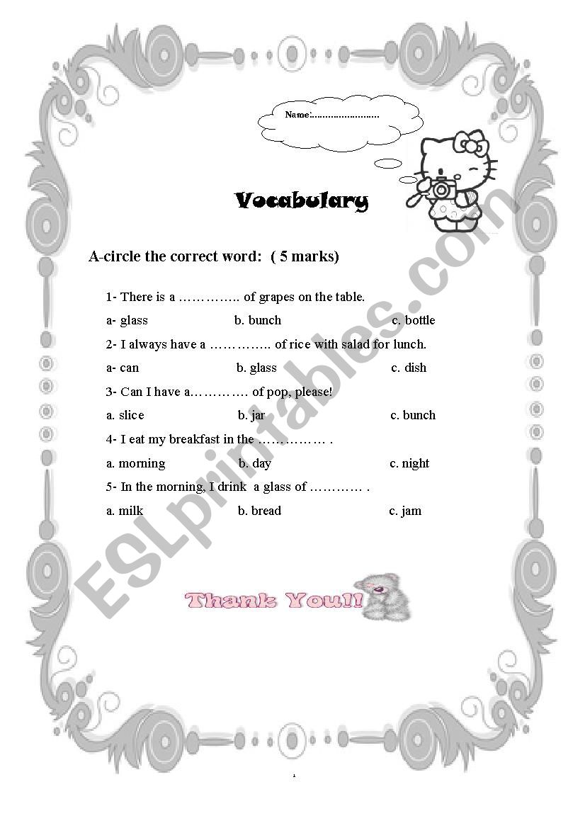 food quantities worksheet