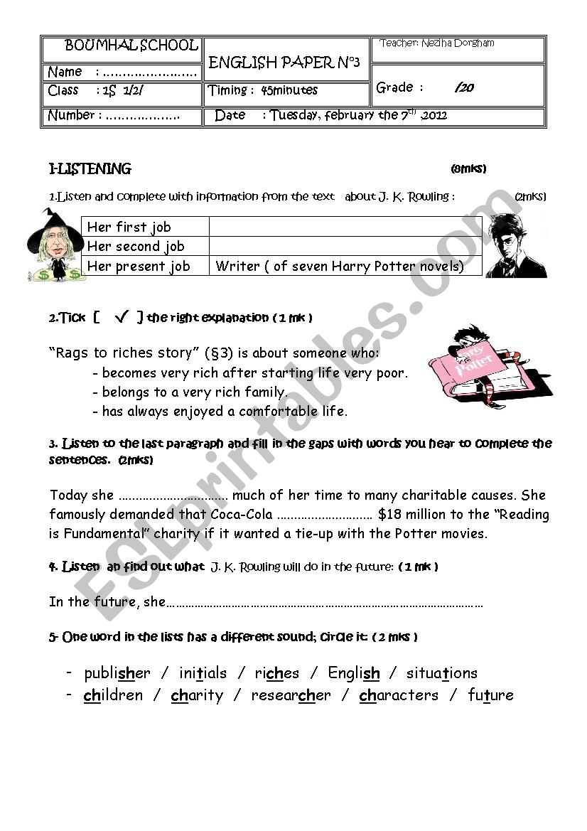 test 3 first form tunisian students