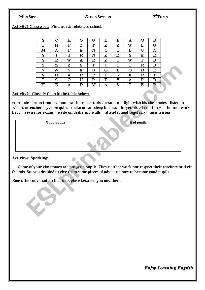 Group Session about school worksheet