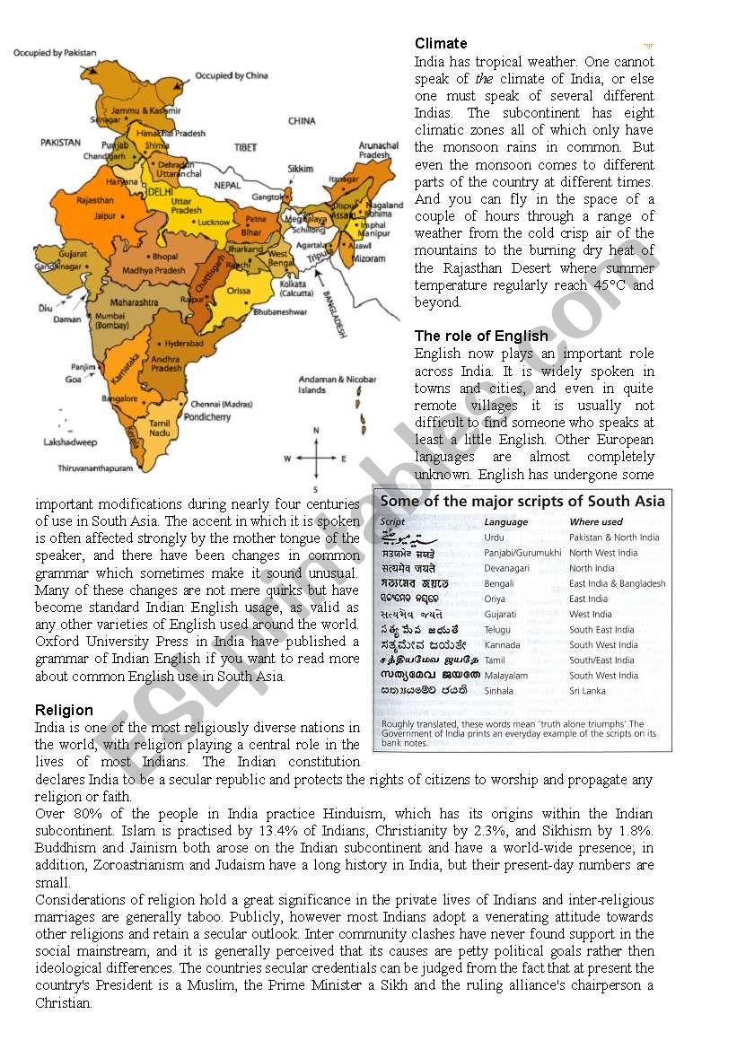 India - a factsheet worksheet