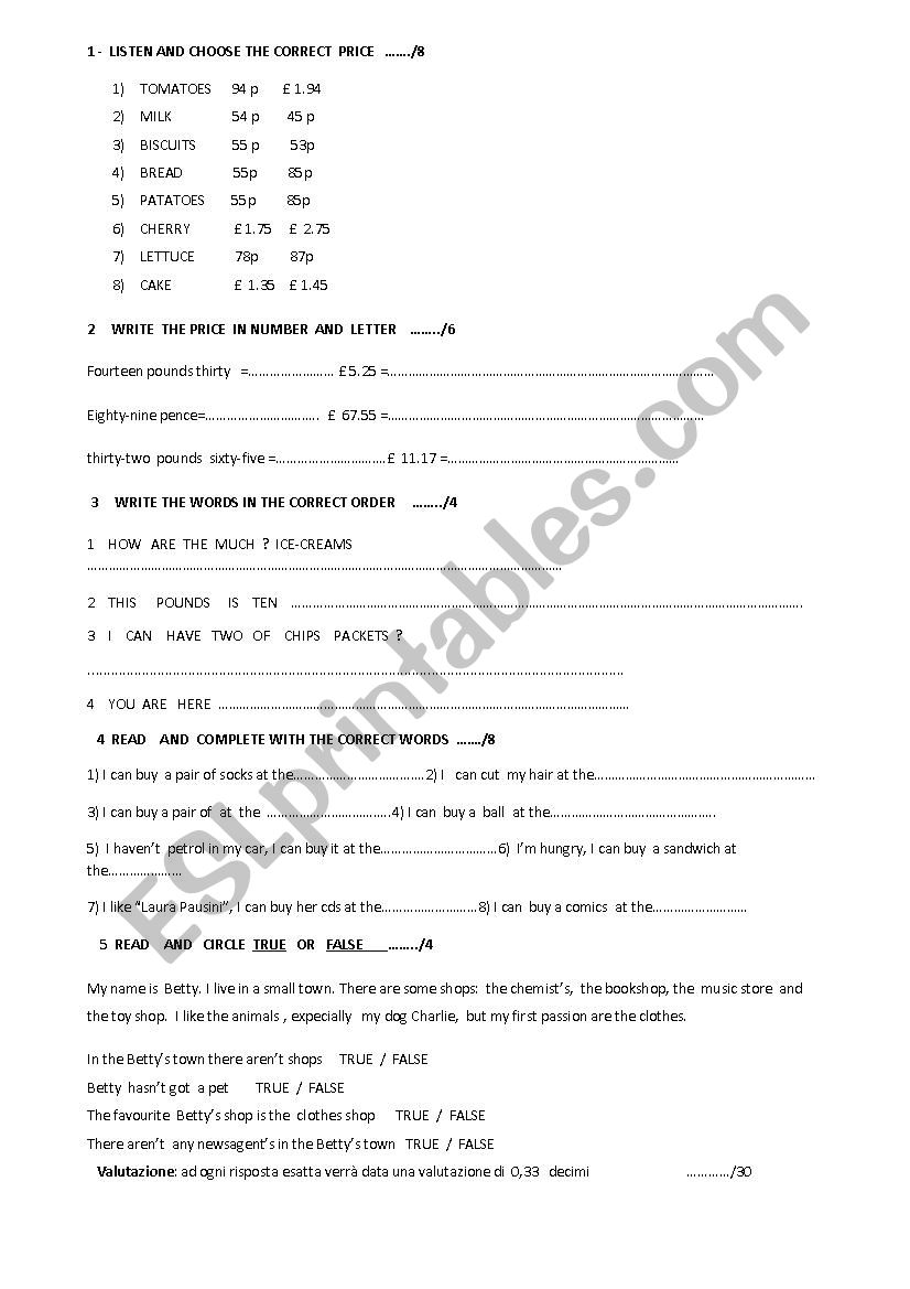  shop and money worksheet