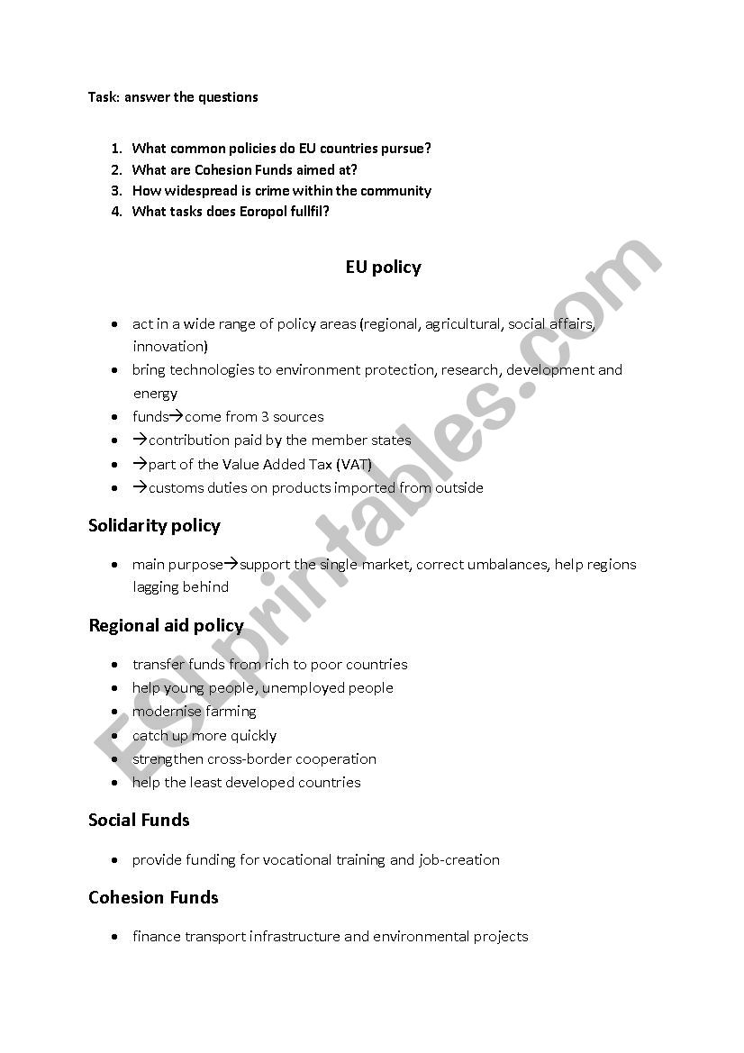 Eu policy worksheet