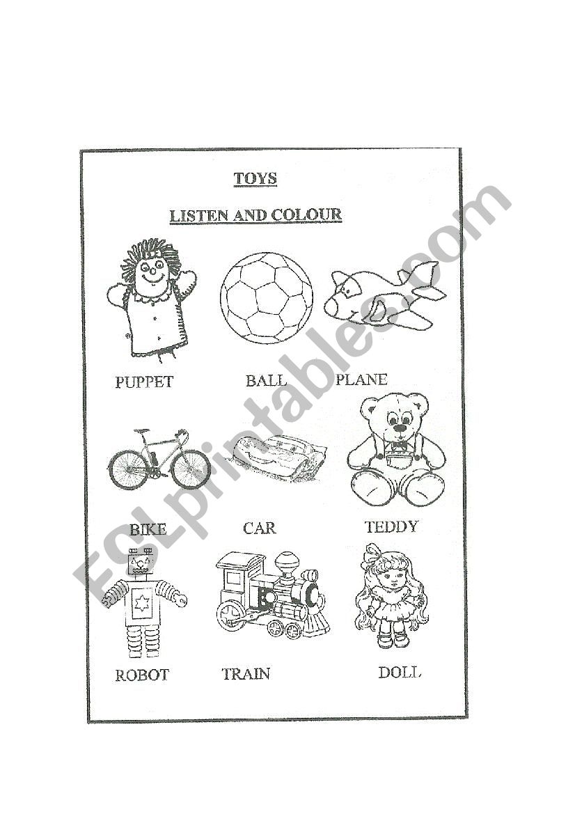 Toys. Listen and colour. worksheet