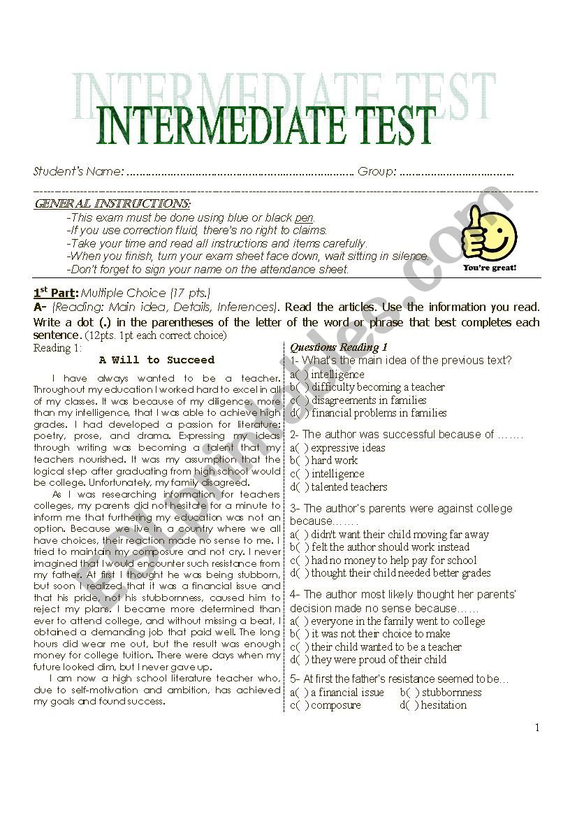 TEST (COSTA RICA) worksheet