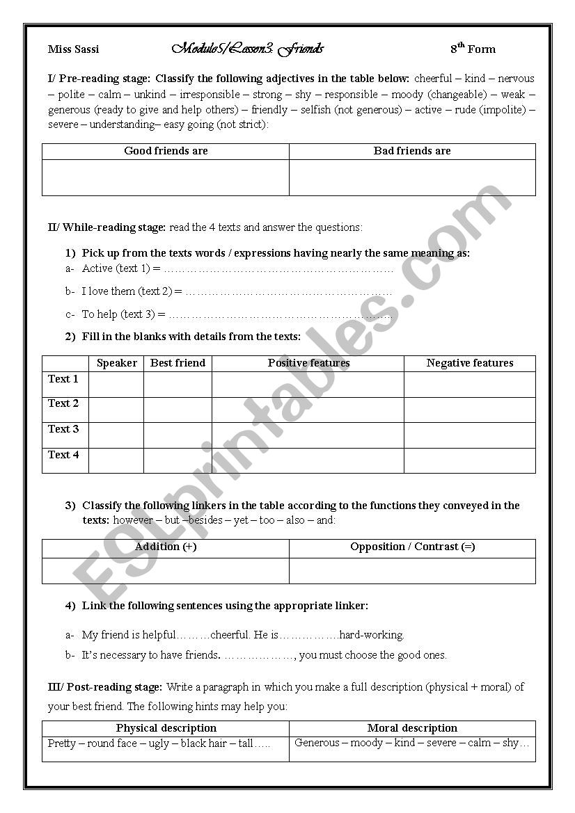 Lesson2:Friends 8th form worksheet