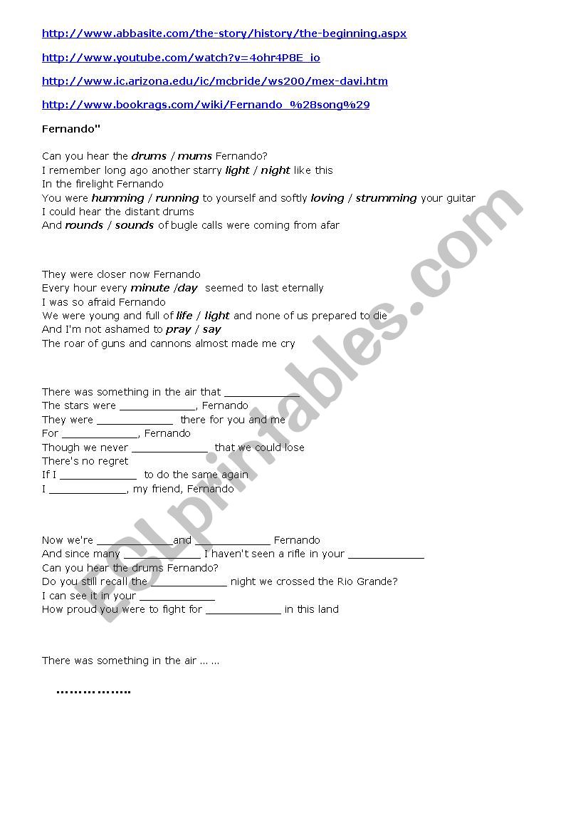 FERNANDO - ABBA worksheet