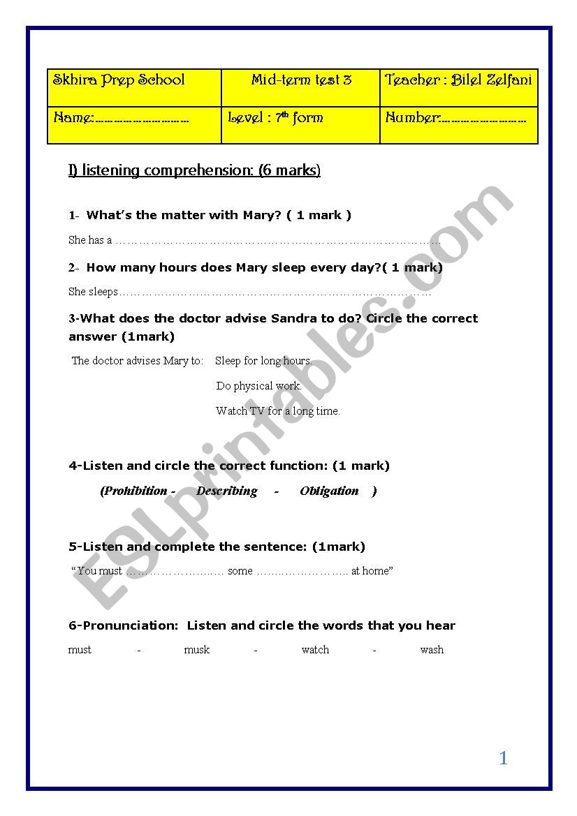 Seventh form test n3 worksheet