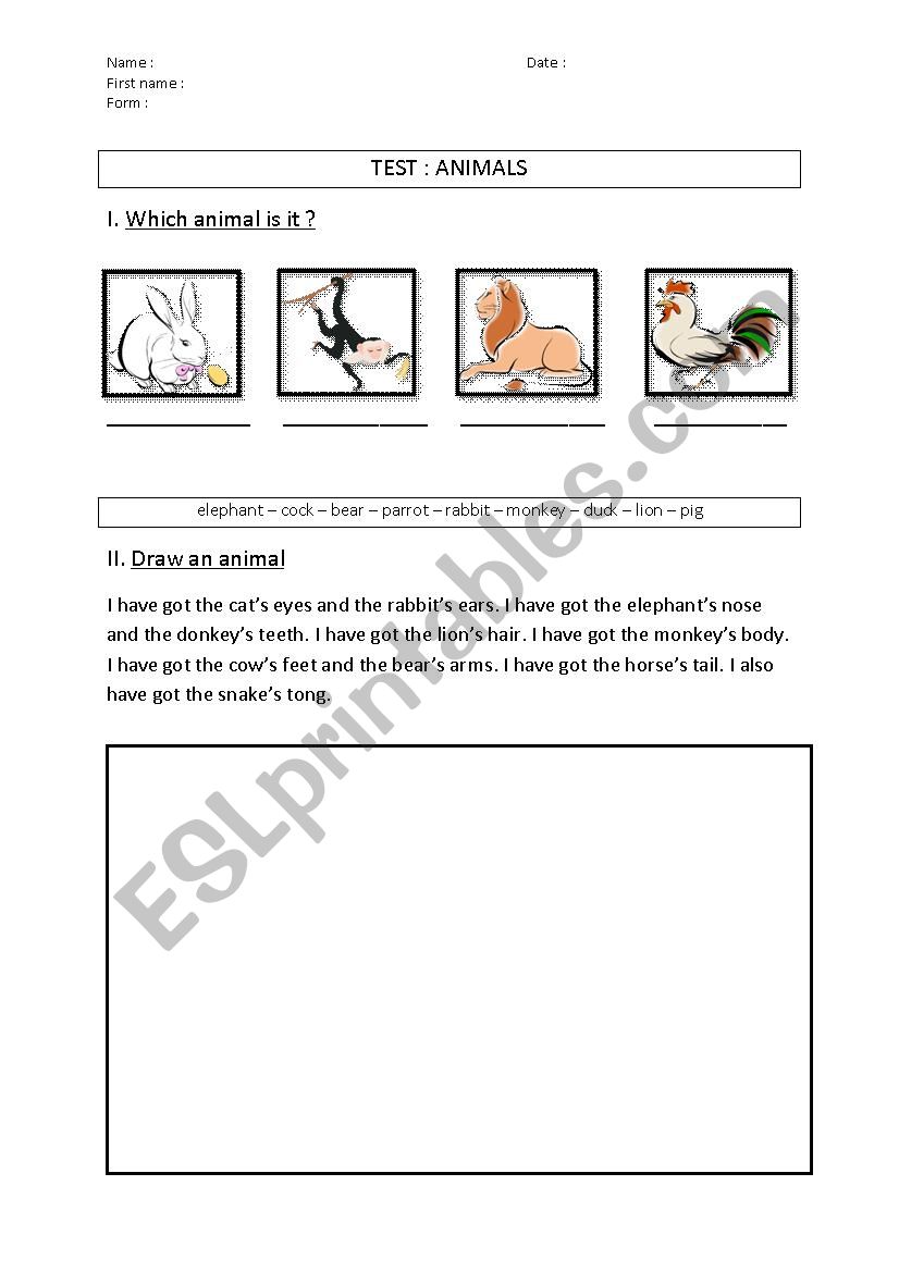TEST : ANIMALS worksheet
