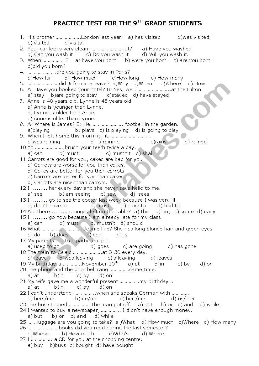 GRAMMAR TEST FOR 9TH GRADE STUDENTS