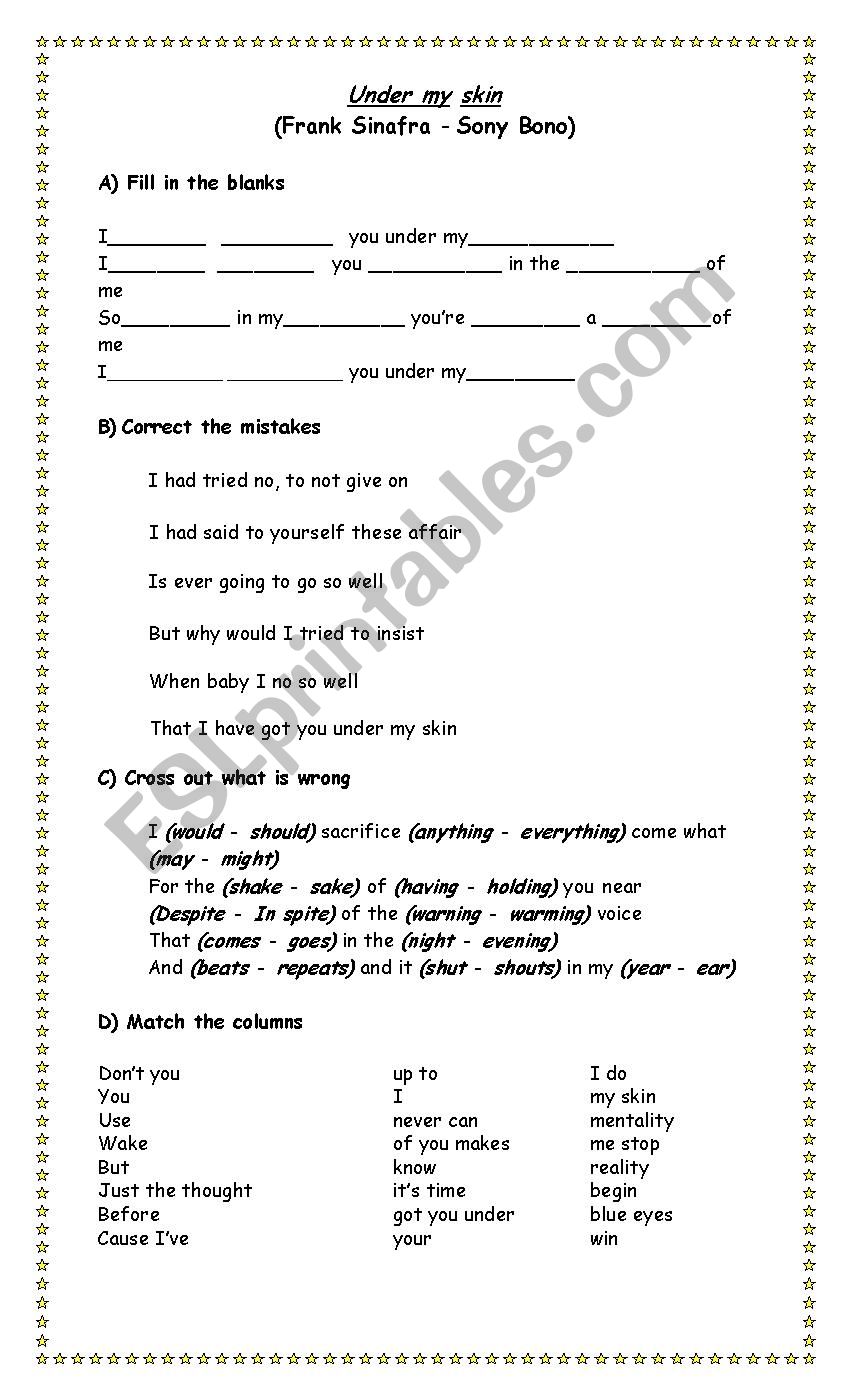 Under my skin worksheet