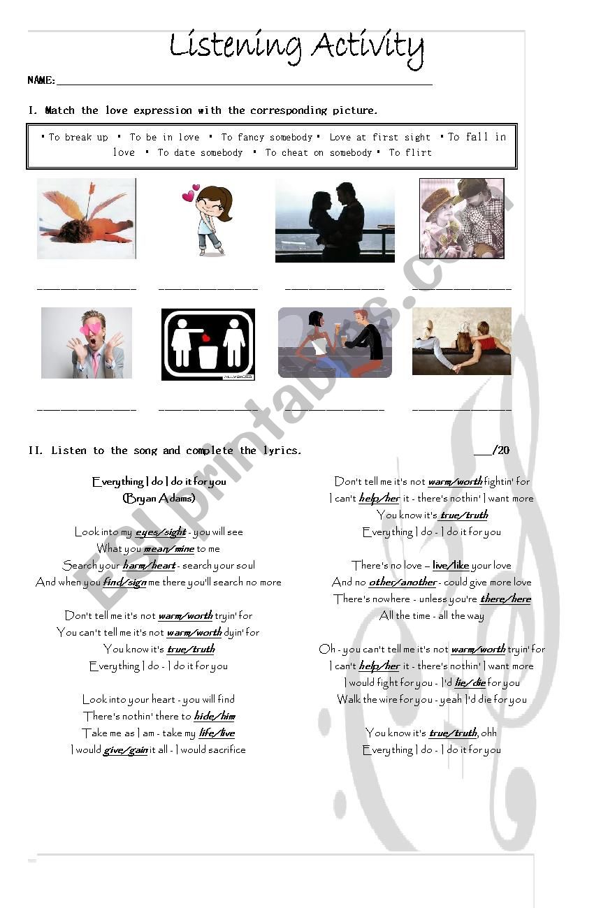 Listening Everything I Do I Do It For You Esl Worksheet By Saagutie