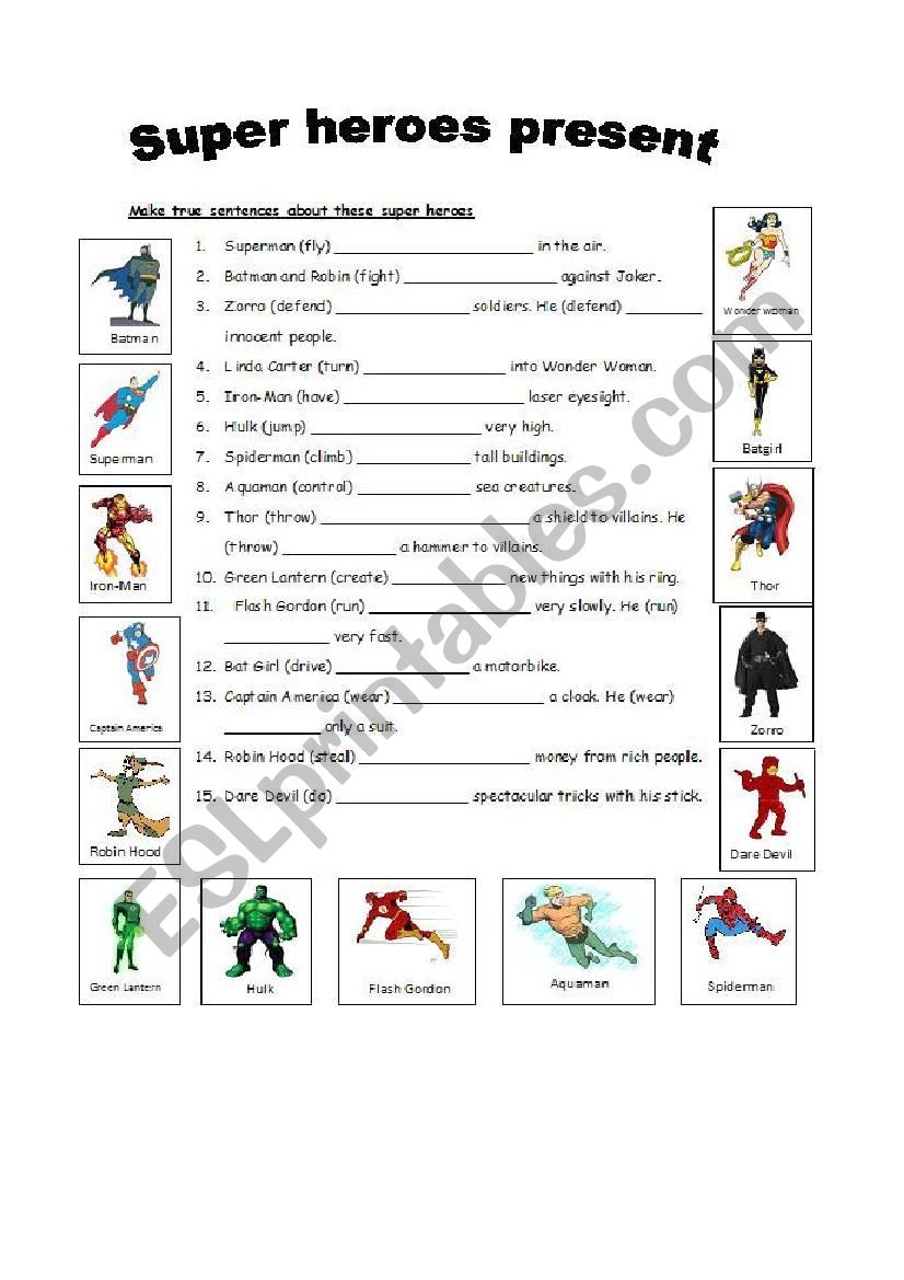 Simple present: Superheroes worksheet