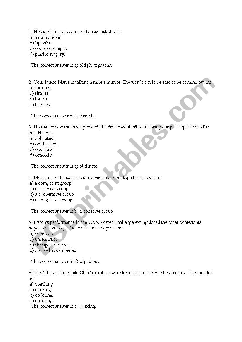 Advanced vocabulary test+key worksheet