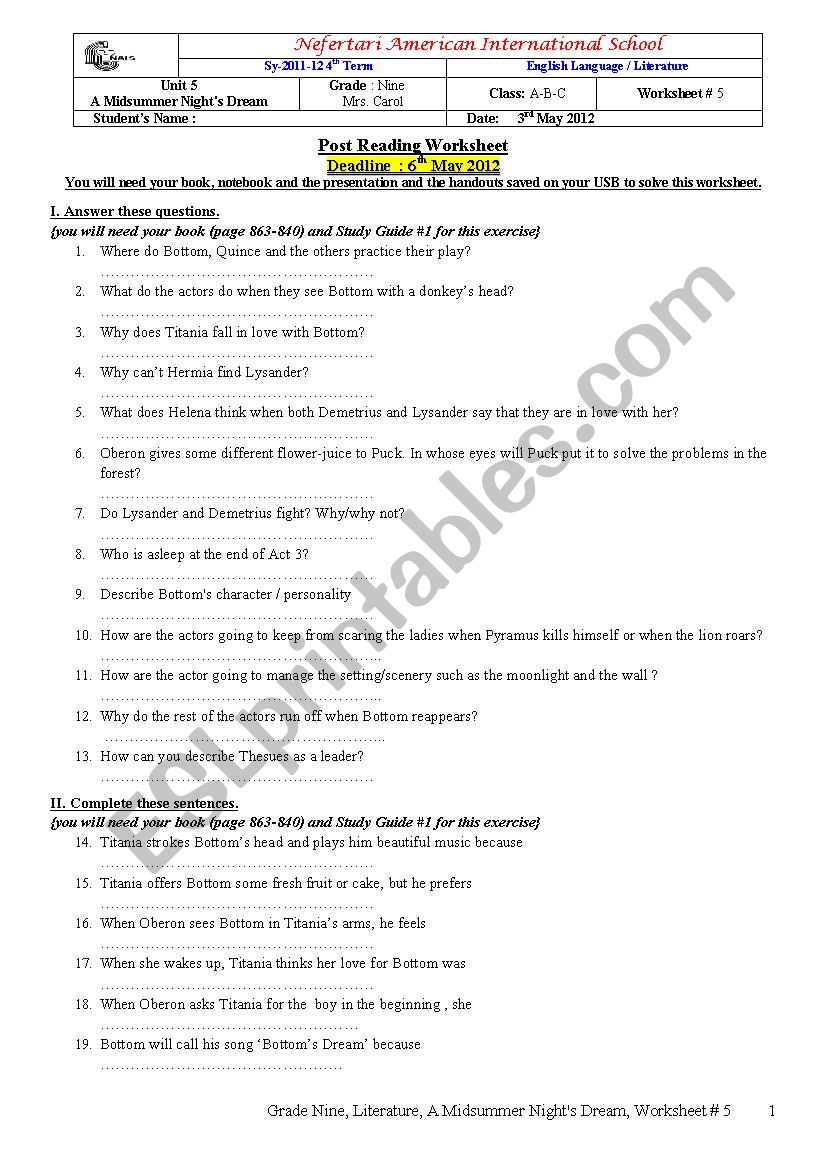 Midsummer nights dream  worksheet