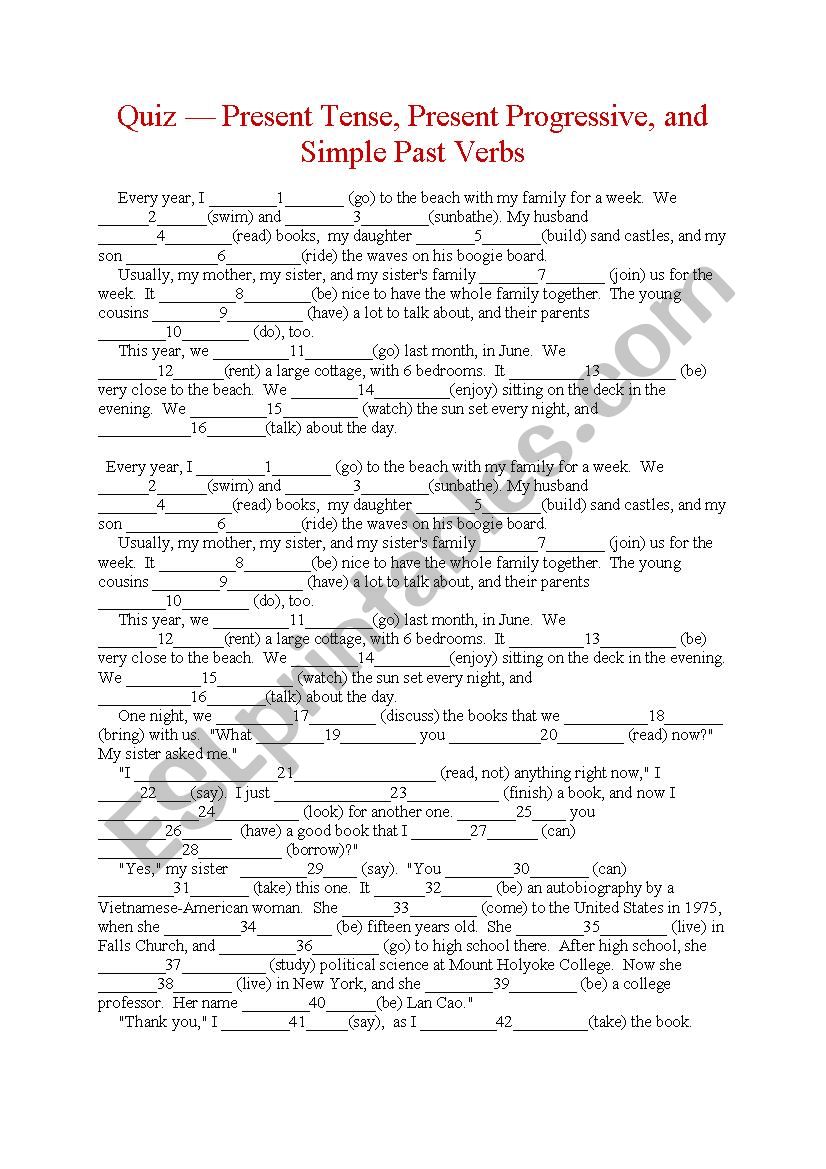 verbs cloze test worksheet