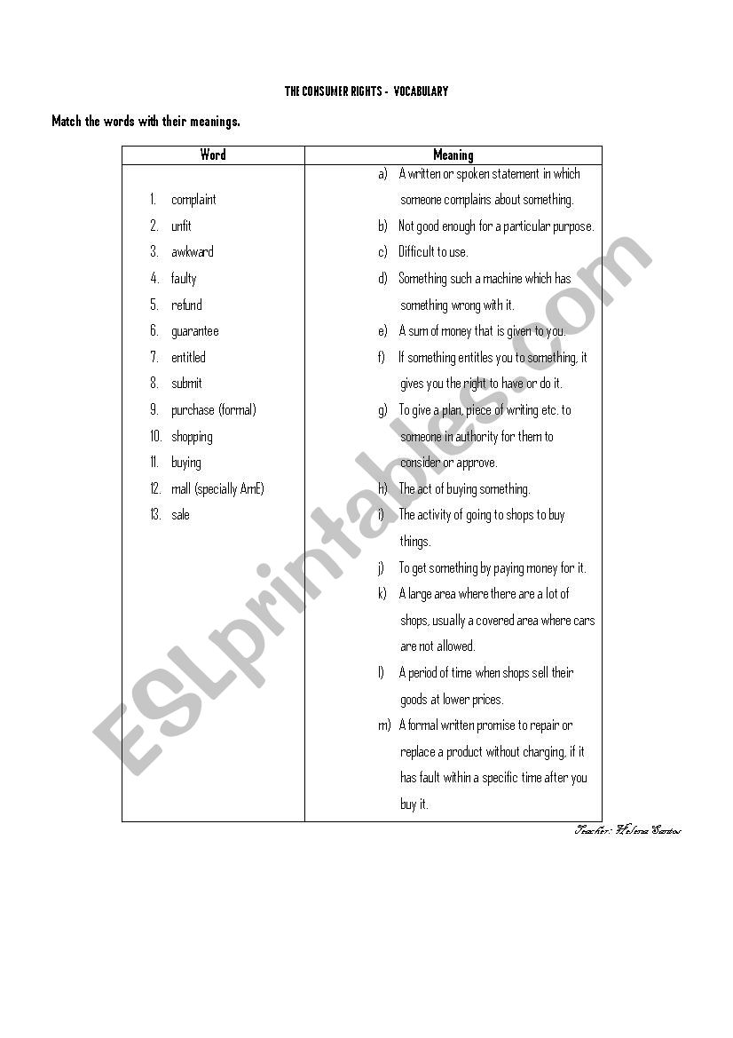 consumer rights - vocabulary worksheet