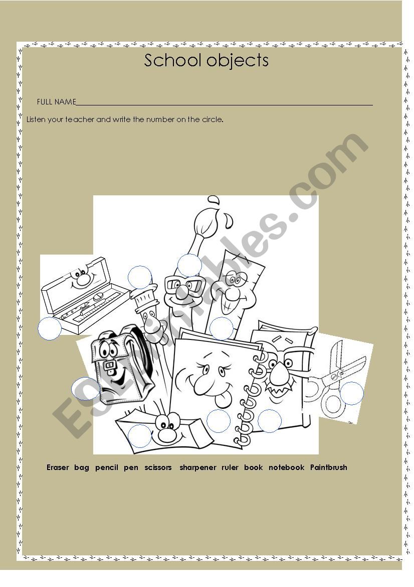 school objects worksheet